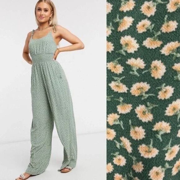American Eagle Outfitters Pants - American Eagle Green Floral Smocked Tie Shoulder Sleeveless Jumpsuit Cottagecore
